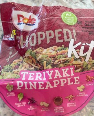 Teriyaki Pineapple Iceberg Lettuce, Green Leaf Lettuce, Red Cabbage, Sliced Almonds, Teriyaki Pineapple Dressing, Crunchy Noodles, Dried Pineapples, Carrots Chopped Kit, Teriyaki Pineapple