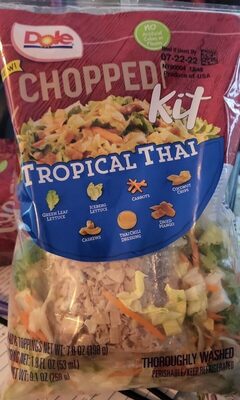 Tropical Thai Green Leaf Lettuce, Iceberg Lettuce, Carrots, Coconut Chips, Cashews, Thai Chili Dressing, Dried Mango Chopped Kit, Tropical Thai