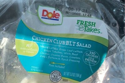 Chicken Club Blt Iceberg Lettuce, Green Leaf Lettuce, Grape Tomatoes, White Meat Chicken, Uncured Bacon Pieces, Whole Grain Cheese Garlic Croutons, Dole's Buttermilk Ranch Dressing Salad, Chicken Club Blt