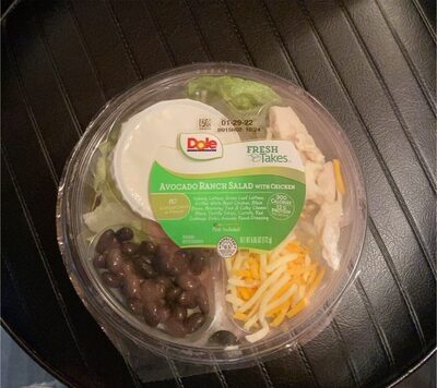 Avocado Ranch Salad With Chicken Iceberg Lettuce, Green Leaf Lettuce, Grilled White Meat Chicken, Black Beans, Monterey Jack & Colby Cheese Blend, Tortilla Strips, Carrots, Red Cabbage, Dole's Avocado Ranch Dressing, Avocado Ranch With Chicken