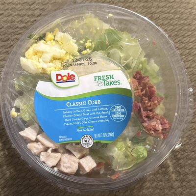 Classic Cobb Iceberg Lettuce, Green Leaf Lettuce, Chicken Breast Meat With Rib Meat, Hard Cooked Eggs, Uncured Bacon Pieces, Dole's Blue Cheese Dressing, Classic Cobb