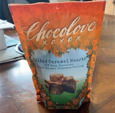 Salted Caramel Cinnamon Filling In 55% Dark Chocolate Hearts, Salted Caramel In 55% Dark Chocolate