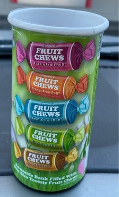 Re-USAble Bank Filled With Bite Size Tootsie Fruit Chews, Cherry Fruit Roll, Orange Fruit Roll, Vanilla Fruit Roll, Lime Fruit Roll, Lemon Fruit Roll
