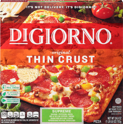 Supreme Sausage, Pepperoni, Green, Red & Yellow Peppers, Onions Sausage Made With Pork & Chicken Pepperoni Made With Pork, Chicken & Beef Original Thin Crust Pizza, Supreme