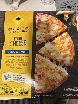 Four Cheese Topped With Fontina, Hickory Smoked Gouda & Two Types Of Mozzarella Cheeses Over Herbed Tomato & Olive Oil Sauce Crispy Thin Crust Pizza, Four Cheese
