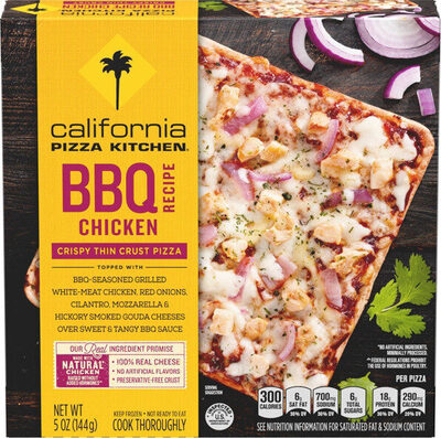 BBQ Recipe Chicken Topped With BBQ-Seasoned Grilled White-Meat Chicken, Red Onions, Cilantro, Mozzarella & Hickory Smoked Gouda Cheeses Over Sweet & Tangy BBQ Sauce Crispy Thin Crust Pizza, BBQ Recipe Chicken