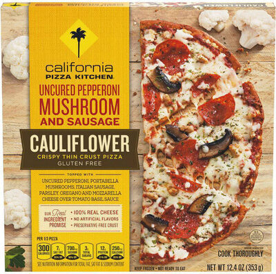 Uncured Pepperoni Mushroom & Sausage Pizza Topped With Uncured Pepperoni, Portabella Mushrooms, Italian Sausage, Parsley, Oregano And Mozzarella Cheese Over Tomato Basil Sauce, Uncured Pepperoni Mushroom & Sausage