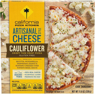 Artisanal Style Cheese Topped With Ricotta, Mozzarella, Parmesan, Asiago & Romano Cheeses Over Tomato Basil Sauce Cauliflower Gluten Free Crispy Thin Crust Pizza, Artisanal Style Cheese