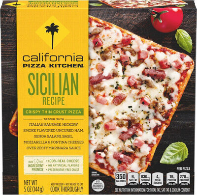 Sicilian Recipe Topped With Italian Sausage, Hickory Smoke Flavored Uncured Ham, Genoa Salami, Basil, Mozzarella & Fontina Cheeses Over Zesty Marinara Sauce Crispy Thin Crust Pizza, Sicilian Recipe