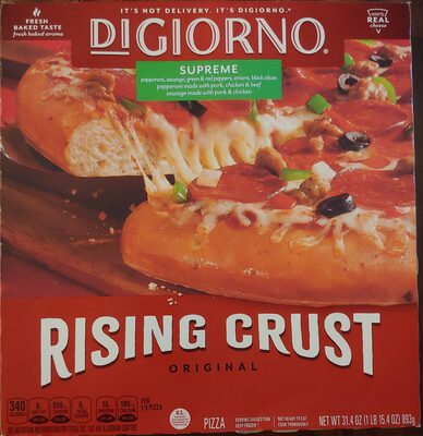 Original Supreme Pepperoni, Sausage, Green & Red Peppers, Onions, Black Olives Pepperoni Made With Pork, Chicken & Beef Sausage Made With Pork & Chicken Rising Crust Pizza, Original Supreme