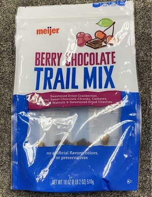 Berry Chocolate Sweetened Dried Cranberries, Semi-Sweet Chocolate Chunks, Cashews, Almonds, Walnuts & Sweetened Dried Cherries Trail Mix, Berry Chocolate