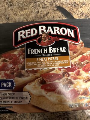 3 Meat French Bread Topped With Pizza Sauce, Mozzarella Cheese, Sausage, Pepperoni And Bacon French Bread Singles Pizzas, 3 Meat