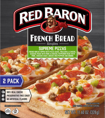 Supreme French Bread Topped With Pizza Sauce, Mozzarella Cheese, Sausage Made With Pork & Chicken, Pepperoni Made With Pork, Chicken & Beef, Green & Red Peppers And Onions French Bread Singles Pizzas, Supreme