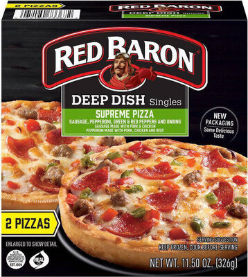 Supreme Sausage, Pepperoni, Green & Red Peppers And Onions Sausage Made With Pork & Chicken Pepperoni Made With Pork, Chicken And Beef Deep Dish Singles Pizza, Supreme