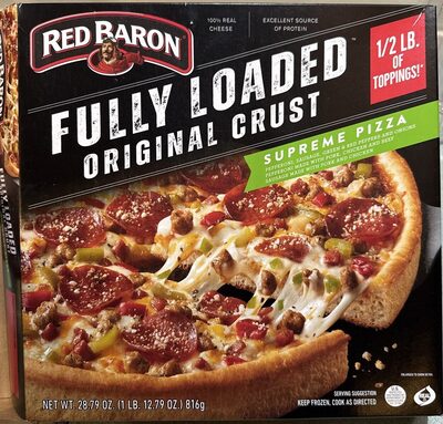 Supreme Fully Loaded Pepperoni, Sausage, Green & Red Peppers And Onions Pepperoni Made With Pork, Chicken And Beef Sausage Made With Pork And Chicken Pizza, Supreme
