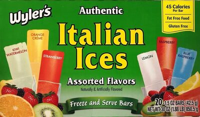 Assorted Flavors Authentic Italian Ices Bars, Kiwi Watermelon, Orange Creme, Strawberry, Lemon, Raspberry, Blue Raspberry