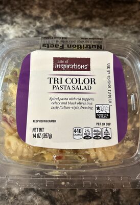 Tri Color Pasta Salad Spiral Pasta With Red Peppers, Celery And Black Olives In A Zesty Italian-Style Dressing, Tri Color Pasta