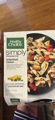 Grilled Basil Chicken Breast With Penne Pasta, Artichokes, Red Bell Peppers, Yellow Squash And Spinach In A Basil Lemon Sauce Simply Steamers, Grilled Basil Chicken