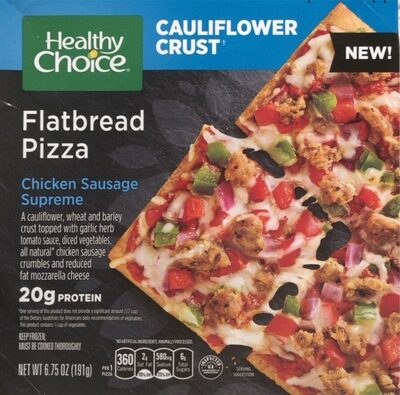 Chicken Sausage Supreme On A Cauliflower, Wheat And Barley Crust, With Peppers & Onions Flatbread Pizza, Chicken Sausage Supreme