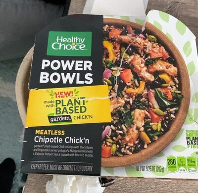 Meatless Chipotle Chick'N Gardein Plant-Based Chick'N Strips With Black Beans And Vegetables Served On Top Of A Multigrain Blend With A Chipotle Pepper Sauce Topped With Roasted Pepitas Power Bowls, Meatless Chipotle Chick'N
