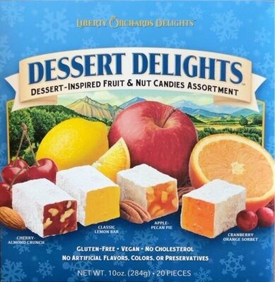 Dessert Delights -Inspired Fruit & Nut Candies Assortment, Cherry- Almond Crunch, Classic Lemon Bar, Apple- Pecan Pie, Cranberry Orange Sorbet