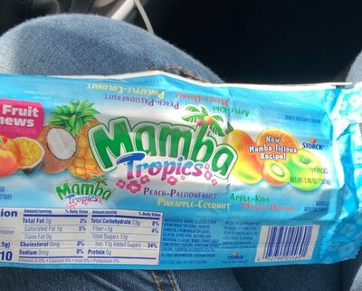 Tropics Fruit Chews, Peach; Passionfruit; Apple; Kiwi; Pineapple; Coconut; Mango; Orange