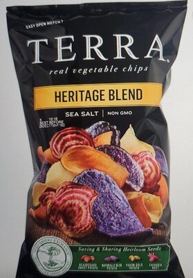 Heritage Blend Sea Salt, Beauregard Sweet Potato, Naturally Blue Potato, Yukon Gold Potato, Chioggia Beet Real Vegetable Chips, Heritage Blend