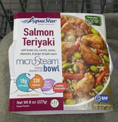Salmon Teriyaki Bowl With Brown Rice, Carrots, Onions, Edamame, & Ginger Teriyaki Sauce, Salmon Teriyaki