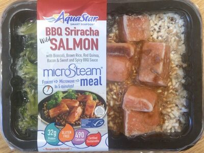 BBQ Sriracha Wild Salmon Meal With Broccoli, Brown Rice, Red Quinoa, Bacon & Sweet And Spicy BBQ Sauce, BBQ Sriracha