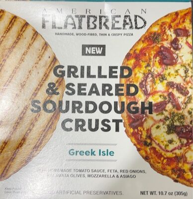 Greek Isle With Homemade Tomato Sauce, Feta, Red Onions, Kalamata Olives, Mozzarella & Asiago Grilled & Seared Sourdought Crust, Greek Isle