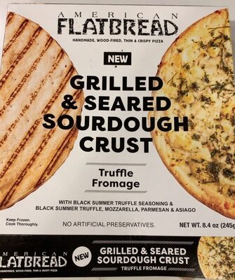 Grilled & Seared Sourdough Crust With Black Summer Truffle Seasoning & Black Summer Truffle, Mozarella, Parmesan 7 Asiago Handmede, Wood-Fired, Thin 7 Crispy Pizza, Grilled & Seared Sourdough Crust