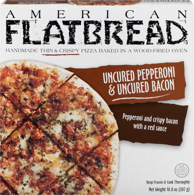Delicious & Crispy Uncured Pepperoni & Uncured Bacon With Homemade Tomato Sauce, Mozzarella, White Cheddar, & Fresh Herbs Handmade, Wood-Fired, Thin & Crispy Pizza, Delicious & Crispy Uncured Pepperoni & Uncured Bacon