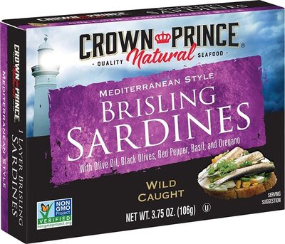 Mediterranean Style Wild Caught Brisling Sardines With Olive Oil, Black Olives, Red Pepper, Basil, And Oregano, Mediterranean Style