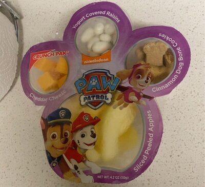 Yogurt Covered Raisins, Cheddar Cheese, Cinnamon Dog Bone Cookies, Sliced Peeled Apples