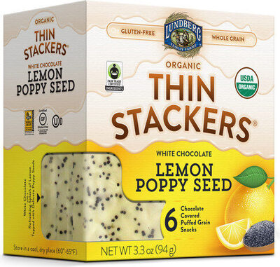 White Chocolate Lemon Poppy Seed Organic Chocolate Covered Puffed Grain Snacks, White Chocolate Lemon Poppy Seed