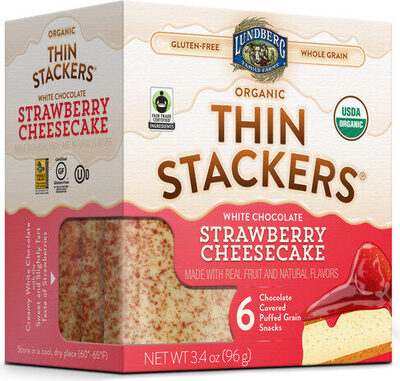 White Chocolate Strawberry Cheesecake Organic Chocolate Covered Puffed Grain Snacks, White Chocolate Strawberry Cheesecake