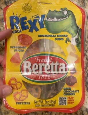 Pepperoni Slices, Mozzarella Cheese Cubes, Pretzels, Dark Chocolate Chunks Rexy Lunch, Pepperoni Slices, Mozzarella Cheese Cubes, Pretzels, Dark Chocolate