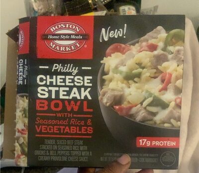 Philly Cheese Steak With Seasoned Rice & Vegetables Tender, Sliced Beef Steak Stacked On Seasoned Rice With Onions & Bell Peppers Topped With A Creamy Provolone Cheese Sauce Bowl, Philly Cheese Steak With Seasoned Rice & Vegetables