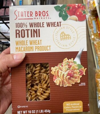 100% Whole Wheat Macaroni Product, Rotini
