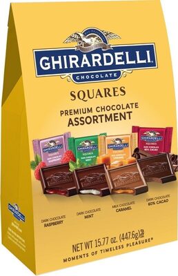 Premium Chocolate Assortment Squares, Dark Chocolate Raspberry, Dark Chocolate Mint, Milk Chocolate Caramel, Dark Chocolate 60% Cacao