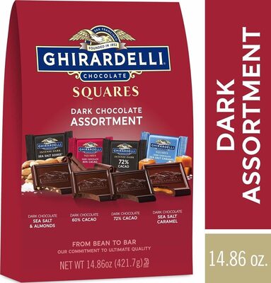 Dark Chocolate Assortment Squares, Dark Chocolate Sea Salt & Almonds, Dark Chocolate 60% Cacao, Dark Chocolate 72% Cacao, Dark Chocolate Sea Salt Caramel