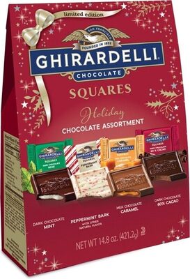 Holiday Chocolate Squares Assortment, Dark Chocolate Mint, Peppermint Bark, Milk Chocolate Caramel, 60% Cacao Dark Chocolate