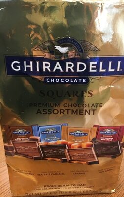 Premium Chocolate Assortment Squares, Milk Chocolate Fudge Caramel, Dark Chocolate Sea Salt Caramel, Milk Chocolate Caramel, Dark Chocolate 60% Cacao