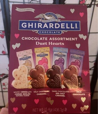 Chocolate Assortment Duet Hearts, White Chocolate Creme Brulee, Milk Chocolate Caramel, Dark Chocolate Sea Salt Caramel, Milk Chocolate