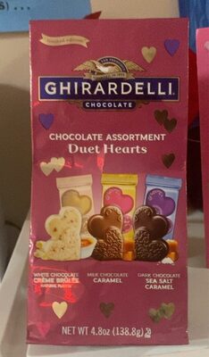 Chocolate Assortment Duet Hearts, White Chocolate Crme Brle Milk Chocolate Caramel Dark Chocolate Sea Salt Caramel
