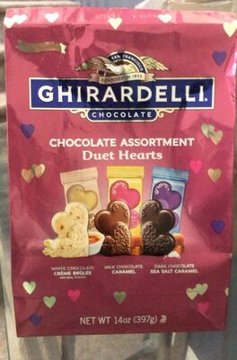 Chocolate Assortment Duet Hearts, White Chocolate Creme Brulee, Milk Chocolate Caramel, Dark Chocolate Sea Salt Caramel