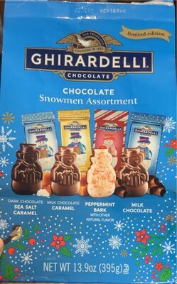 Dark Chocolate Sea Salt Caramel, Milk Chocolate Caramel, Peppermint Bark, Milk Chocolate Flavor Chocolate Snowmen Assortment, Dark Chocolate Sea Salt Caramel, Milk Chocolate Caramel, Peppermint Bark, Milk Chocolate
