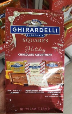 Holiday Chocolate Assortment Squares, Milk Chocolate Caramel, Peppermint Bark, Milk Chocolate Gingerbread Cookie