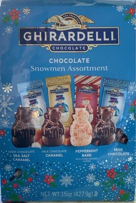 Chocolate Snowmen Assortment, Dark Chocolate Sea Salt Caramel, Milk Chocolate Caramel, Peppermint Bark, Milk Chocolate