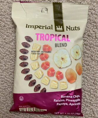 Peanuts, Banana Chips, Raisins, Chocolate Gems, Cashews, Cranberries, Pineapple, Papaya, Almonds Tropical Blend, Peanuts, Banana Chips, Raisins, Chocolate Gems, Cashews, Cranberries, Pineapple, Papaya, Almonds